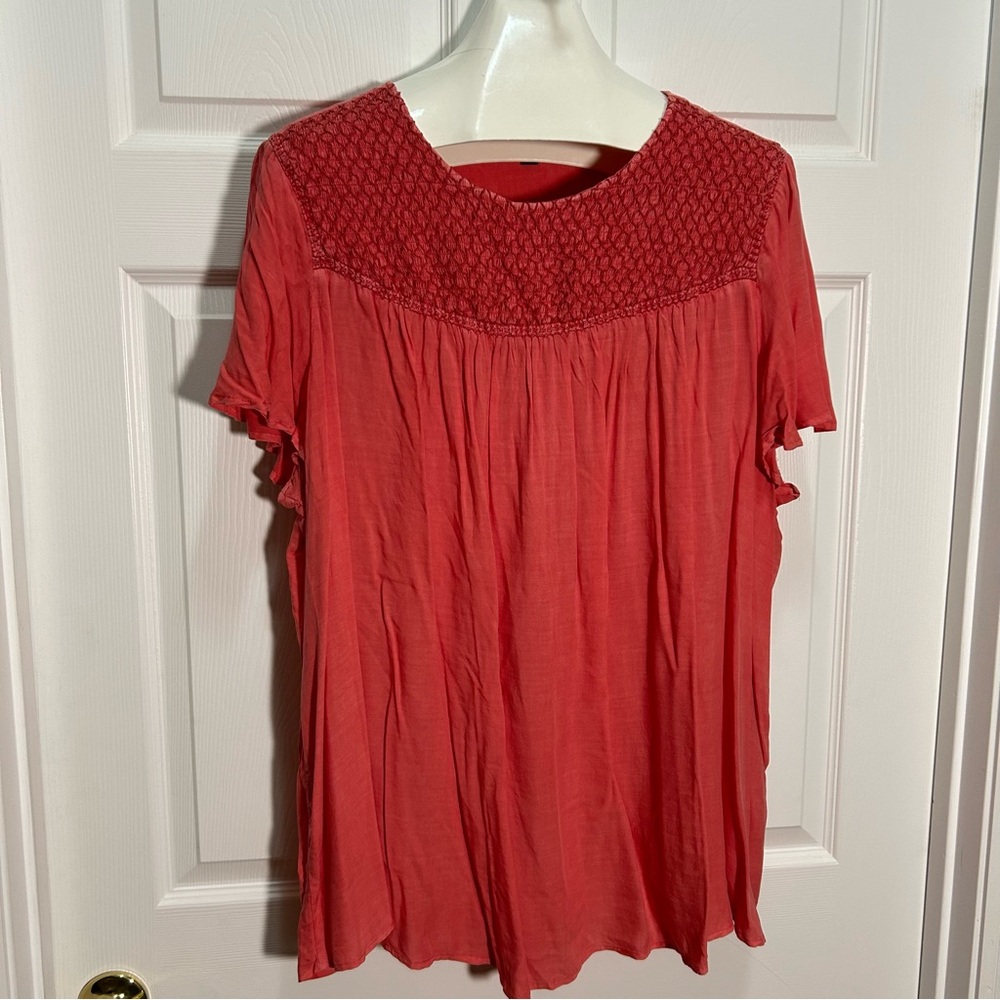 Torrid Coral Blouse with Flutter Sleeves and Smocked Bib Collar